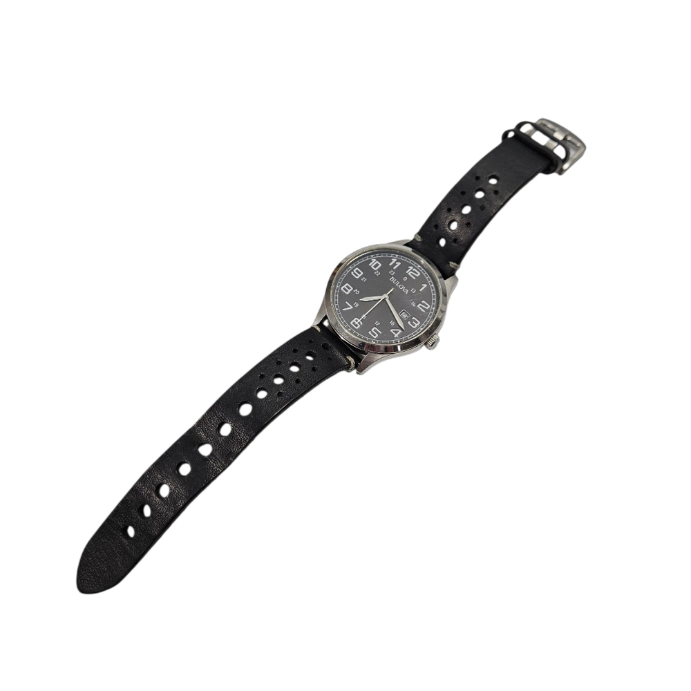 Bulova 96B276 Men’s Watch – Black Dial – Leather Strap – Needs Battery